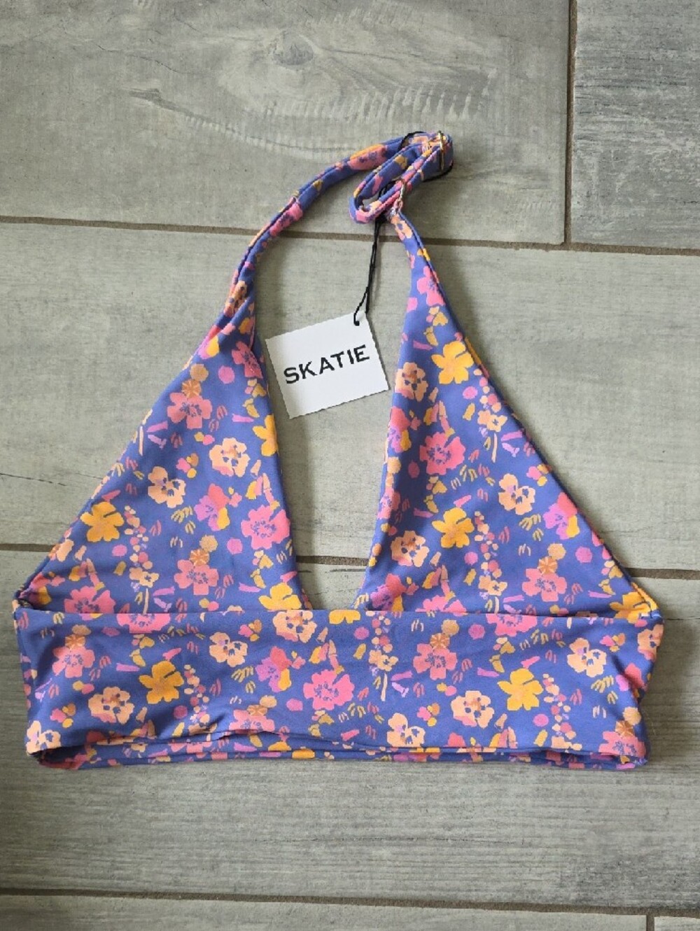 Skatie - LACEY top - Purple Floral Halter Top with Pink & Yellow Flowers - Picture 4 of 4